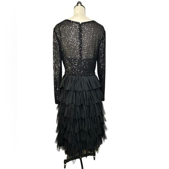 Mac Duggal Black Long Sleeve Ruffle Tiered Sequin Midi Cocktail Dress| 10 - Picture 5 of 10